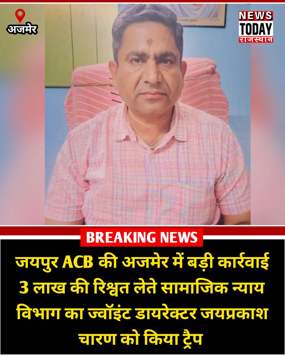 NewsTodayRaj's tweet photo. जयपुर ACB की अजमेर में बड़ी कार्रवाई ACB ने बड़ी ट्रेप कार्रवाई करते हुए सामाजिक न्याय एवं अधिकारिता विभाग के संयुक्त निदेशक जयप्रकाश चारण को 3 लाख रुपए की रिश्वत लेते रंगे हाथ गिरफ्तार किया है।
#JaipurACB #ACB #Ajmer #RajasthanNews #BriberyCase #TrapAction #Corruption https://t.co/HAoATdWMbr