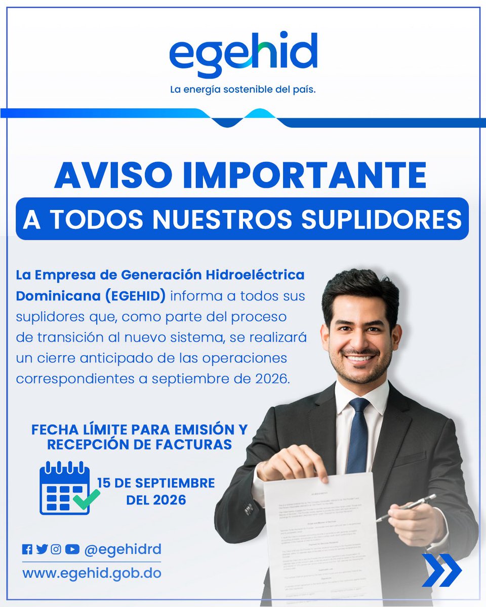 egehidrd's tweet photo. AVISO IMPORTANTE, A TODOS NUESTROS SUPLIDORES. 

Más del contenido en https://t.co/Q9xCKUvdmx
¡La energía sostenible del país! https://t.co/hWk7PsMSmX