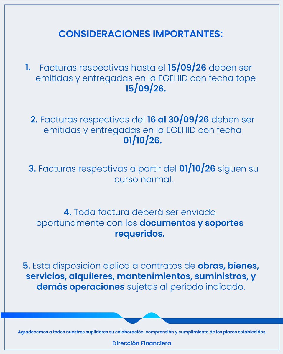 egehidrd's tweet photo. AVISO IMPORTANTE, A TODOS NUESTROS SUPLIDORES. 

Más del contenido en https://t.co/Q9xCKUvdmx
¡La energía sostenible del país! https://t.co/hWk7PsMSmX