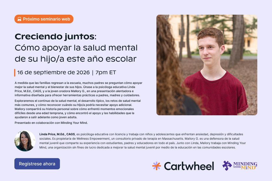 AlxCounselors's tweet photo. Únase a Cartwheel, nuestro socio virtual de salud mental, en este seminario web gratuito.
🌱 Creciendo Juntos: Apoyando la Salud Mental de su Hijo/a Este Año Escolar
🗓 Martes, 16 de septiembre | 7–8pm (hora del este)
👉 Regístrese aquí: https://t.co/ARbZYUcYCE https://t.co/cIvYuPGdfQ