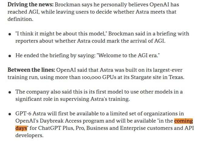 VraserX's tweet photo. Greg Brockman is now openly saying GPT-6 Astra may be AGI. 🤯

He literally ended the briefing with: “Welcome to the AGI era.”

And Astra/Aeon access is coming to users in the next few days.

This is getting very real. https://t.co/cnnZSV6l4v
