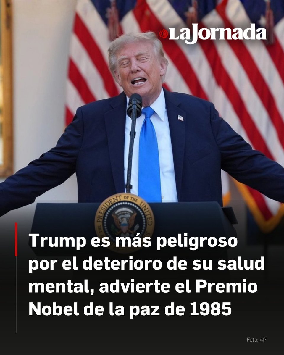 lajornadaonline's tweet photo. El médico psiquiatra y cointegrante del Premio Nobel de la Paz de 1985, Henry David Abraham, advirtió sobre los riesgos asociados al estado de salud mental del presidente estadunidense Donald Trump y su acceso a los códigos del armamento nuclear.

El especialista, quien formó parte del grupo de 36 profesionales de la salud que firmaron una carta abierta para solicitar la destitución del mandatario mediante la Enmienda 25, señaló que las evaluaciones clínicas sugieren un deterioro en la función cognitiva, así como alteraciones en el juicio y el control de impulsos del jefe de Estado.

Más información en: https://t.co/CF54bvNf4F