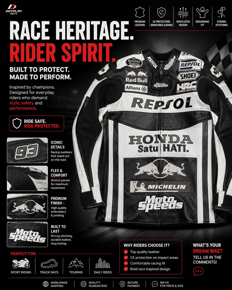 SeeSamoran8w's tweet photo. Ride with confidence and stand out every mile. This premium leather motorcycle jacket blends race-inspired style, comfort, and durable construction. Available in S–XXL. Worldwide shipping. DM for pricing, sizing, availability, and customization. https://t.co/ax2ZZvwKRk