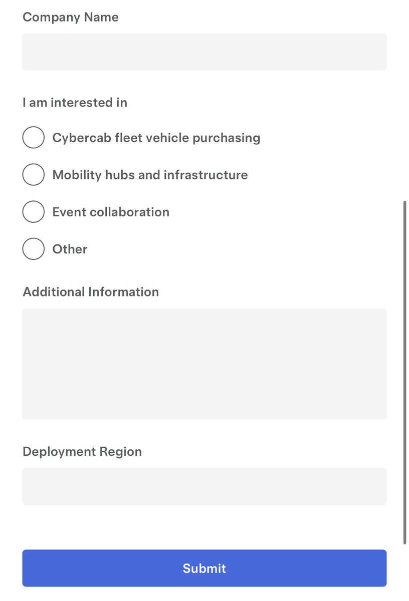 SawyerMerritt's tweet photo. Tesla has introduced a new form that you can fill out if you are interested in purchasing a fleet of Cybercabs:

Form: https://t.co/Ut0yoiEyXD https://t.co/uuaCXmksIO