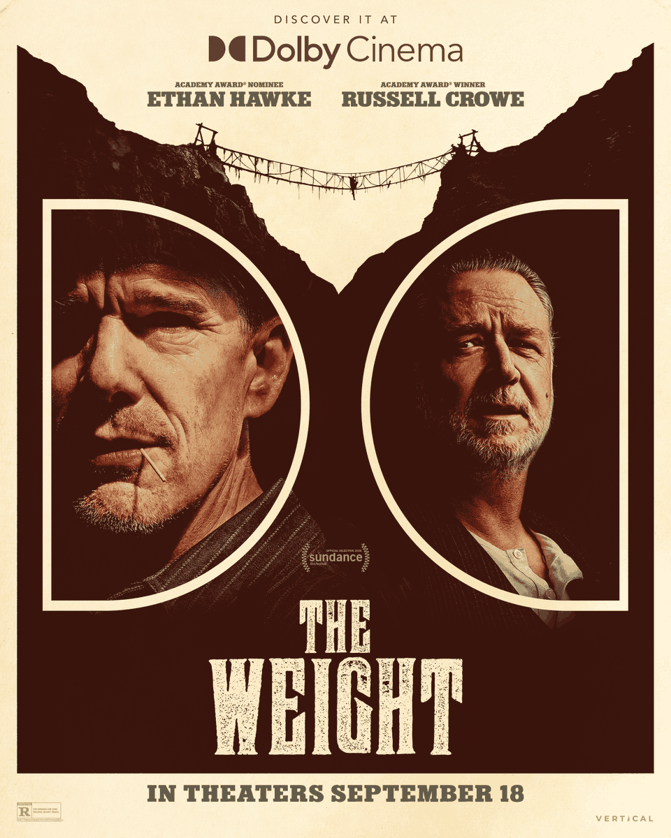 Dolby's tweet photo. Ethan Hawke and Russell Crowe face off in THE WEIGHT. 

See it early at #DolbyCinema September 16. Tickets on sale now. https://t.co/5i51FFGp4m