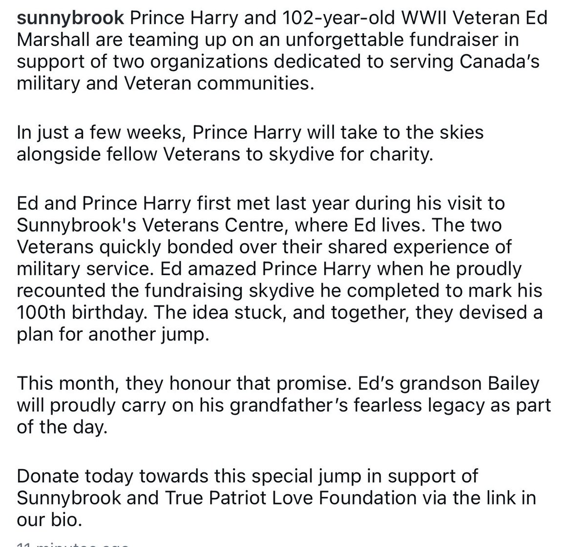ChrisBaronSmit1's tweet photo. The Duke’s pledge to 102-year-old Canadian World War Two veteran, Ed Marshall.

Later this month, Prince Harry will take part in a charity skydive 🪂 with veterans to raise funds for Sunnybrook, which operates Canada's largest veterans' care facility, and the @tplfoundation. https://t.co/WKsIDkEhrV