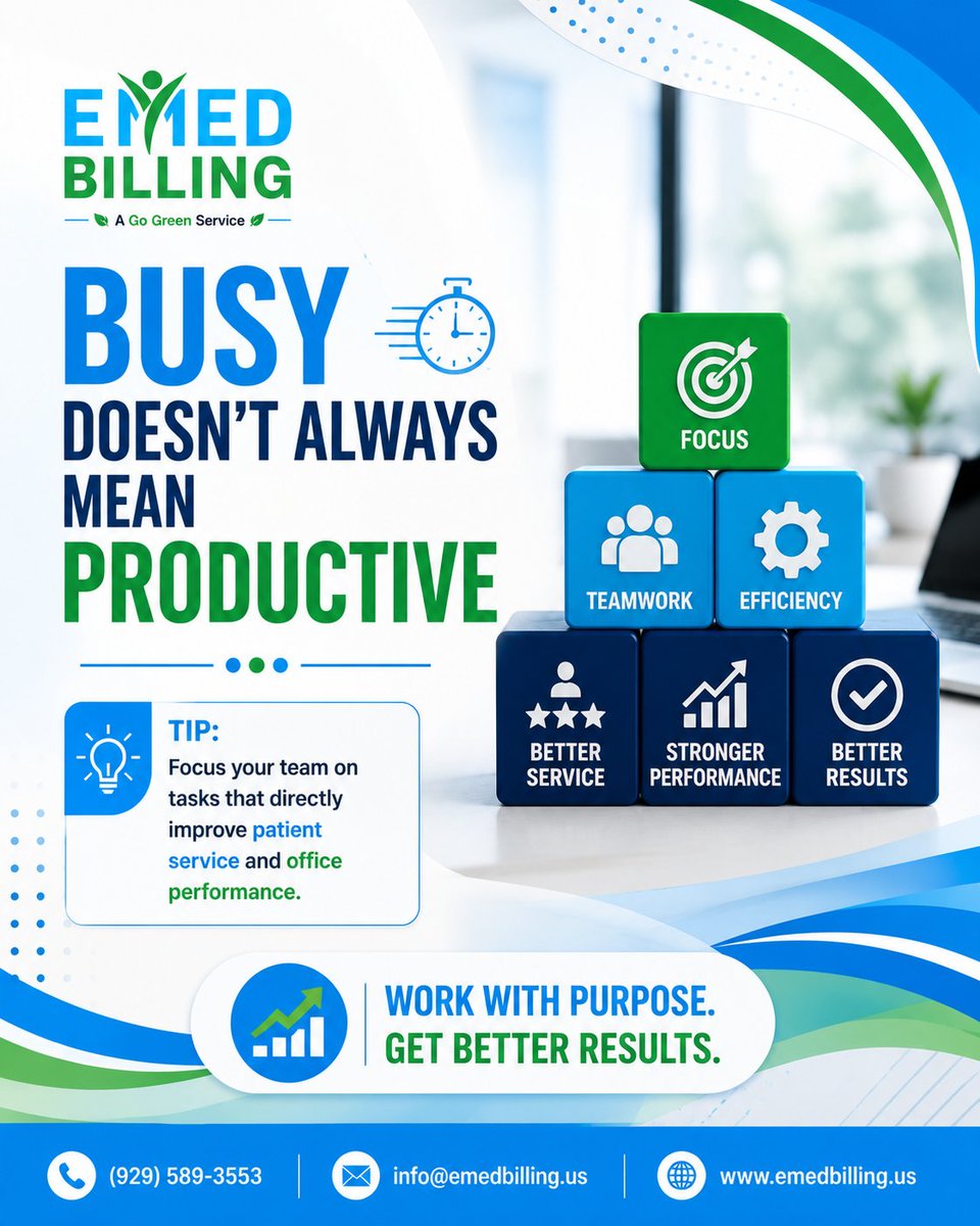 emedbilling2023's tweet photo. ⏱️ Busy doesn't always mean productive! Focus your team on tasks that improve patient service &amp; office performance. Work with Purpose. Get Better Results. 🎯

📞 (929) 589-3553 | 
🌐 https://t.co/wFQpgg3VYV

#MedicalBilling #Productivity #PracticeManagement https://t.co/Y1C18AuW62