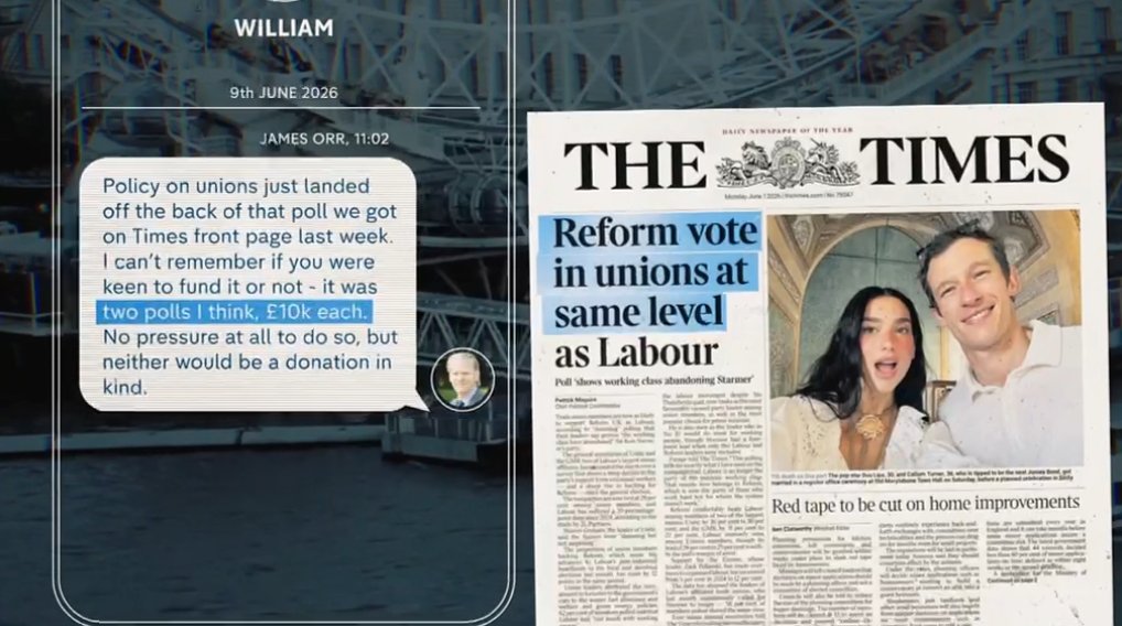PolitlcsUK's tweet photo. 🚨 NEW: Reform UK and Nigel Farage have been caught potentially breaking electoral law 

- Verbatim ran a year-long undercover investigation, verified by Channel 4 News

- Investigators posed as the British-based son of wealthy American donor, who was looking to give money to Reform UK

- Because the donor was based in the US, he couldn't legally donate directly to the party

- James Orr, Reform UK's Head of Policy, and Dan Jukes, a close aide to Nigel Farage, then allegedly helped arrange for a US company, which was actually set up by Verbatim, to pay for three polls commissioned by Reform UK

- The three JL Partners polls cost £32,500 and were paid by Verbatim. Two were published in The Telegraph before the May elections - "Labour would face wipeout if elections went ahead" and "Two thirds of voters want Starmer out" - while The Times published "Reform vote in unions at same level as Labour"

- Nigel Farage later met the undercover team in Clacton and praised the polling, saying "it worked, boom" and that it was "bang for buck"

- The polls were presented as independent and the public was not told that Reform UK had commissioned them or a US company paid for them. The US company and supposed American donor were not legal donors under UK electoral law

- Electoral Commission rules say political donations can include funding that helps a party cover costs and expenses, including research and studies, but the payments do not appear to have been declared to the Electoral Commission, despite reporting deadlines passing

- Jukes allegedly later proposed a way to arrange a £500,000 donation from the US through the donor's UK-based son, who would appear to be the donor. The investigation says this arrangement would be illegal

- At a Reform reception, Jukes allegedly introduced the undercover reporter as a "key donor for off the book project". The fake donor then allegedly met Suella Braverman, Sarah Pochin, Robert Jenrick and Danny Kruger 

- Legal expert and former Electoral Commission chief Bob Posner says the allegations should now be subject to a criminal investigation

- The proposed £500,000 donation was never made

- Reform UK, Farage, Jukes and James Orr did not comment but are understood to deny the allegations in full