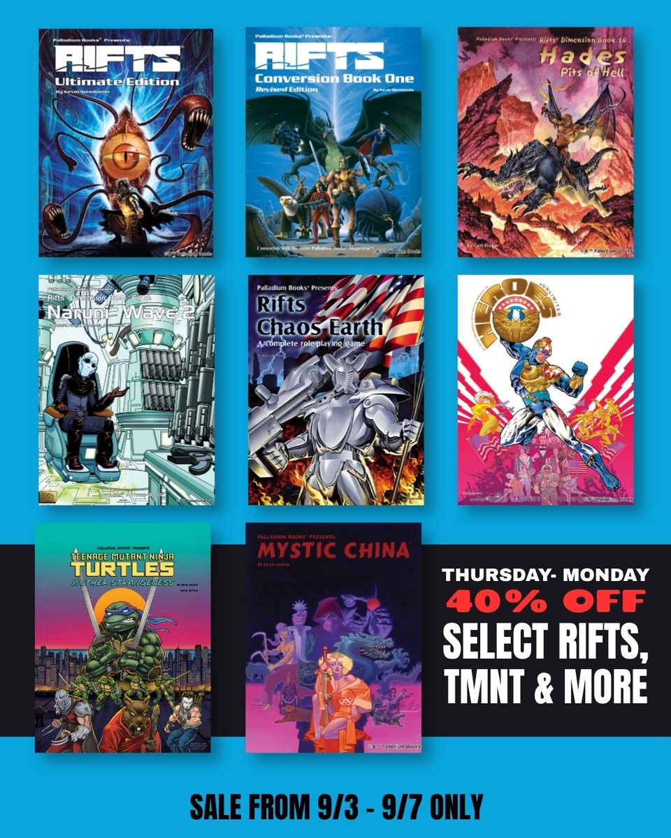 PalladiumBooks's tweet photo. Megaversal Savings This Labor Day Weekend! 40% Select books.
The latest Palladium Books Weekly Update is here. Adventure, news, huge savings this weekend, and a glimpse at what’s coming next.
Read the full Weekly Update:
https://t.co/DjF4jB9R2M
#TTRPG #BackerKit #LaborDaySale https://t.co/Kh2iwVkWLp