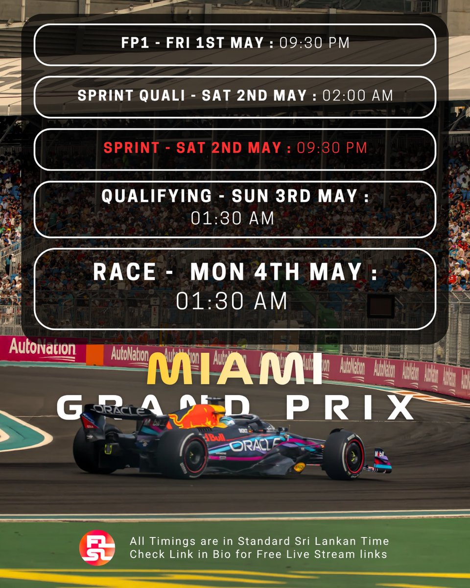 AlexanderWa9n's tweet photo. Miami is calling—Round 4 is here! F1 returns to the Miami International Autodrome for a weekend of speed, drama, and sprint action. Friday sunny, Saturday partly cloudy, Sunday sunny. All times in Sri Lanka Standard Time. https://t.co/IU6GYNIDP9