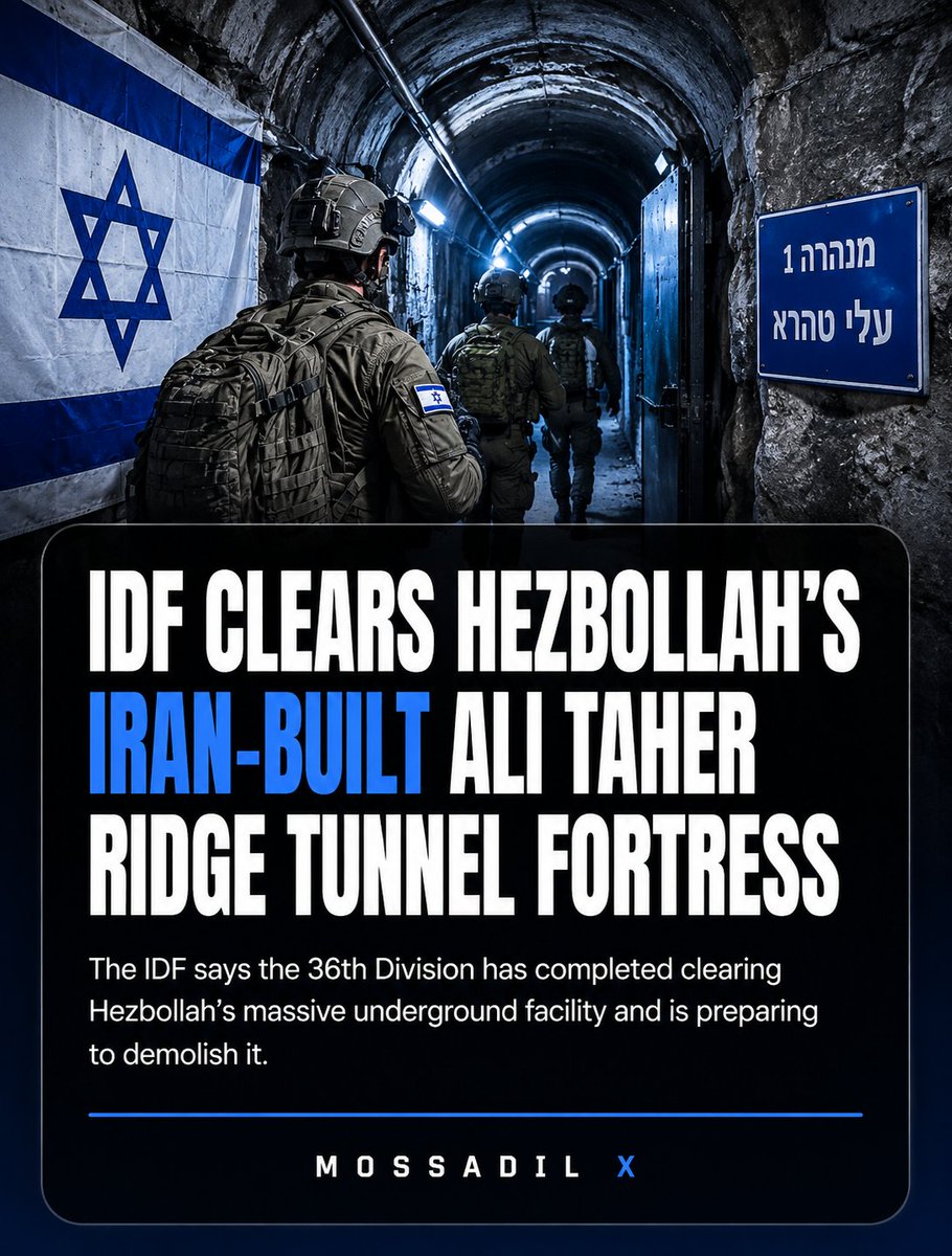 MOSSADil's tweet photo. 🚨 IRAN IS BIG MAD:  IDF CLEARS HEZBOLLAH’S IRAN-BUILT ALI TAHER RIDGE TUNNEL FORTRESS

The IDF says the 36th Division has completed clearing Hezbollah’s massive underground facility beneath southern Lebanon’s Ali Taher Ridge and is preparing to demolish it.

The military described the site as “strategic infrastructure that was built over two decades” and financed and planned by Iran.

Troops found “command centers, weapons rooms, generator rooms, living quarters, showers, and a kitchen,” built to allow Hezbollah terrorists “to conduct fighting and remain there for extended periods.”

The IDF says the tunnel network has been neutralized and it will establish “a renewed defensive posture” after demolition.