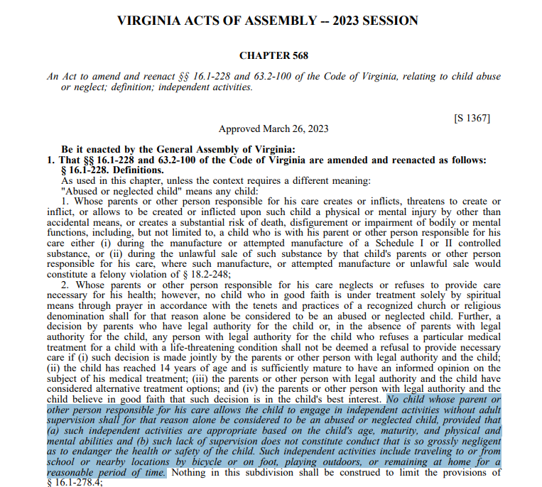 pjaicomo's tweet photo. This is an egregious violation of parental rights, including the liberty to direct a child's upbringing.

Worse still, Virginia law specifically provides that children are allowed to "travel to or from ... nearby locations ... on foot."

No parent should have to deal with this. https://t.co/HzOUw0946d