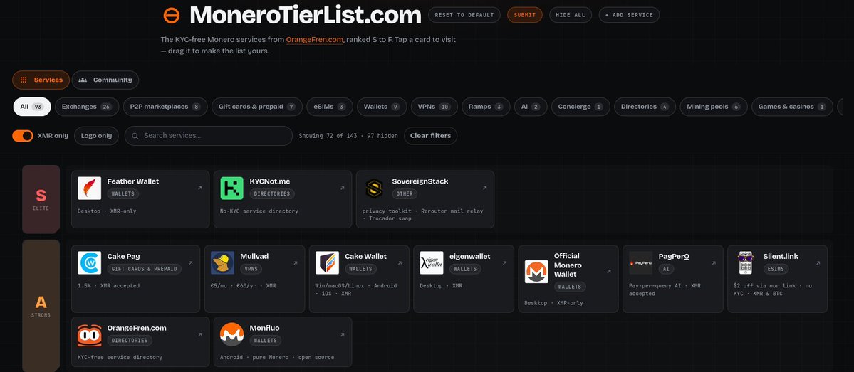 SovereignStack's tweet photo. Great to see we've made the monero tier list 🚀🚀 https://t.co/GRZrXXD1Gn