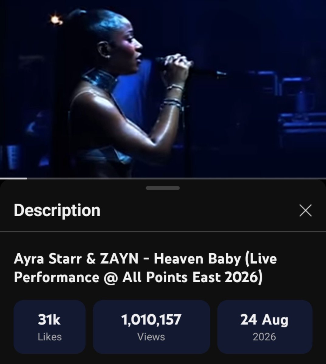 mobstarrs1's tweet photo. Ayra Starr's "Heaven Baby" performance at All Points East Festival has surpassed 1 million views on YouTube. https://t.co/lq8aIlQ9DF