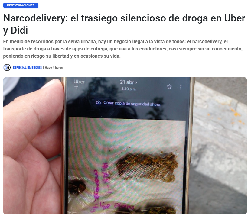 emeequis's tweet photo. 💬  #EXCLUSIVAEMEEQUIS 

#Reportaje | "Narcodelivery": La droga que viaja por app en la CDMXA través de servicios de paquetería en plataformas de movilidad, redes de microtráfico envían estupefacientes a domicilio en la capital. Repartidores narran a EMEEQUIS el peligro de transportar paquetes sospechosos sin su consentimiento y los vacíos en los protocolos de respuesta. 

Un texto de @isaacalbarranr y @MTeposteco35297. 

https://t.co/COS9IyIQMl