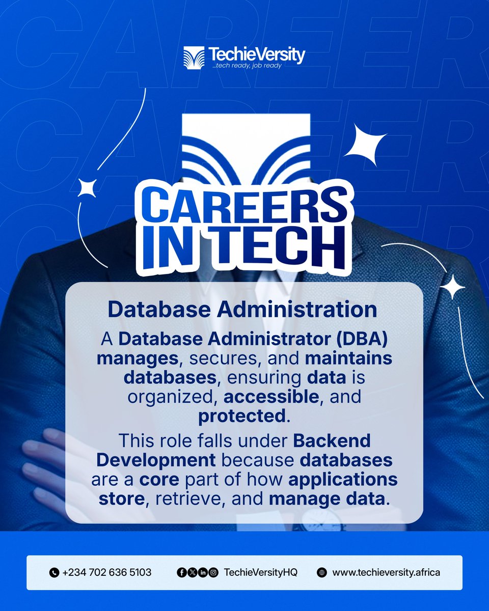 TechieVersityHQ's tweet photo. A Database Administrator (DBA) keeps data organized, secure, accessible, and running efficiently.

If you enjoy problem-solving, technology, and working with data, a career as a Database Administrator could be the perfect fit for you.

Learn Backend Development at Techieversity and gain the practical skills to build and manage the systems that power modern applications.

Start your journey today:  https://t.co/vBiTG8iRW2

#techieversity #careersintech #backenddevelopment #databaseadministrator