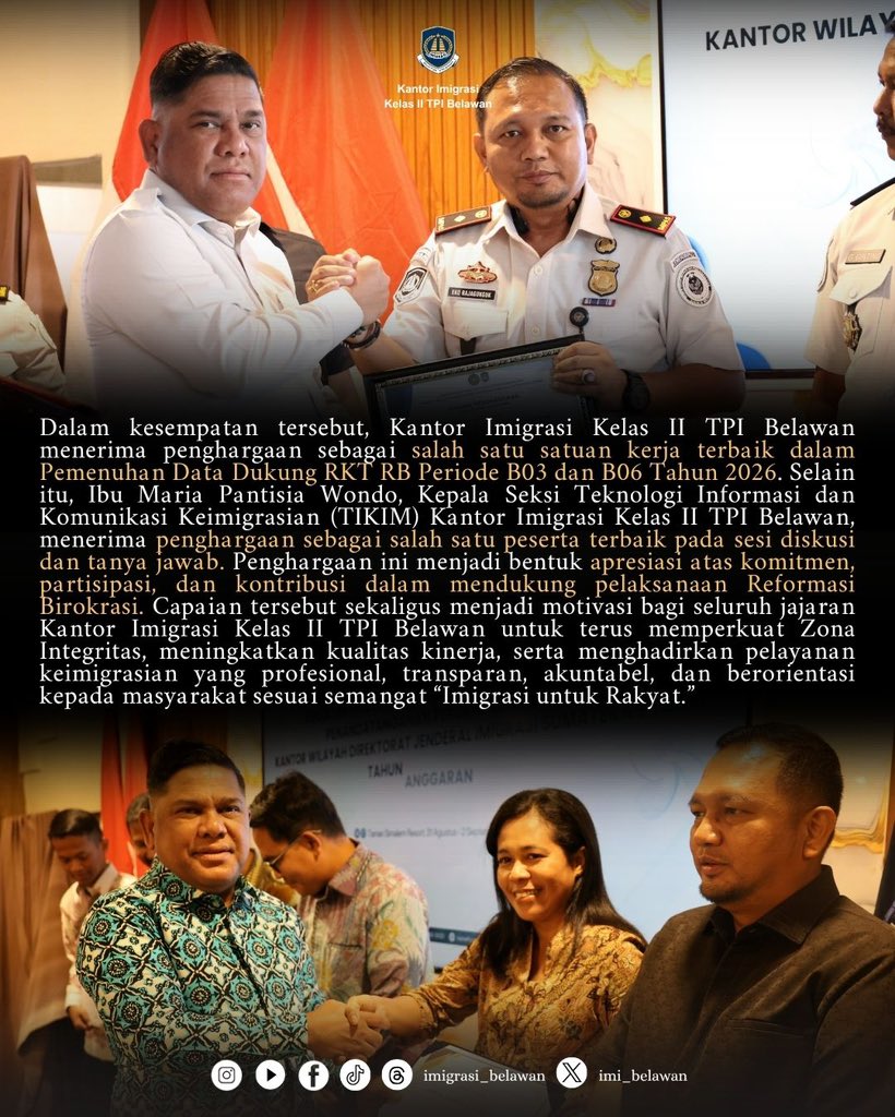 imi_belawan's tweet photo. Medan, 31 Agustus 2026 – Kantor Imigrasi Kelas II TPI Belawan mengikuti kegiatan Internalisasi Reformasi Birokrasi dan Penandatanganan Perjanjian Kinerja Tahun Anggaran 2026 yang diselenggarakan oleh Kantor Wilayah Direktorat Jenderal Imigrasi Sumatera Utara di Karo. https://t.co/8OZpTWzzbo