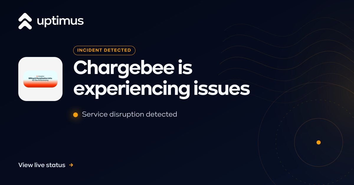 UptimusApp's tweet photo. Chargebee reports an API Service Degradation as of Sep 3, 2026 at 13:51 UTC. The provider notes a brief interruption causing failed API requests and is currently monitoring for stability.

#Chargebee #ServiceStatus https://t.co/eQH0bU6Cvg