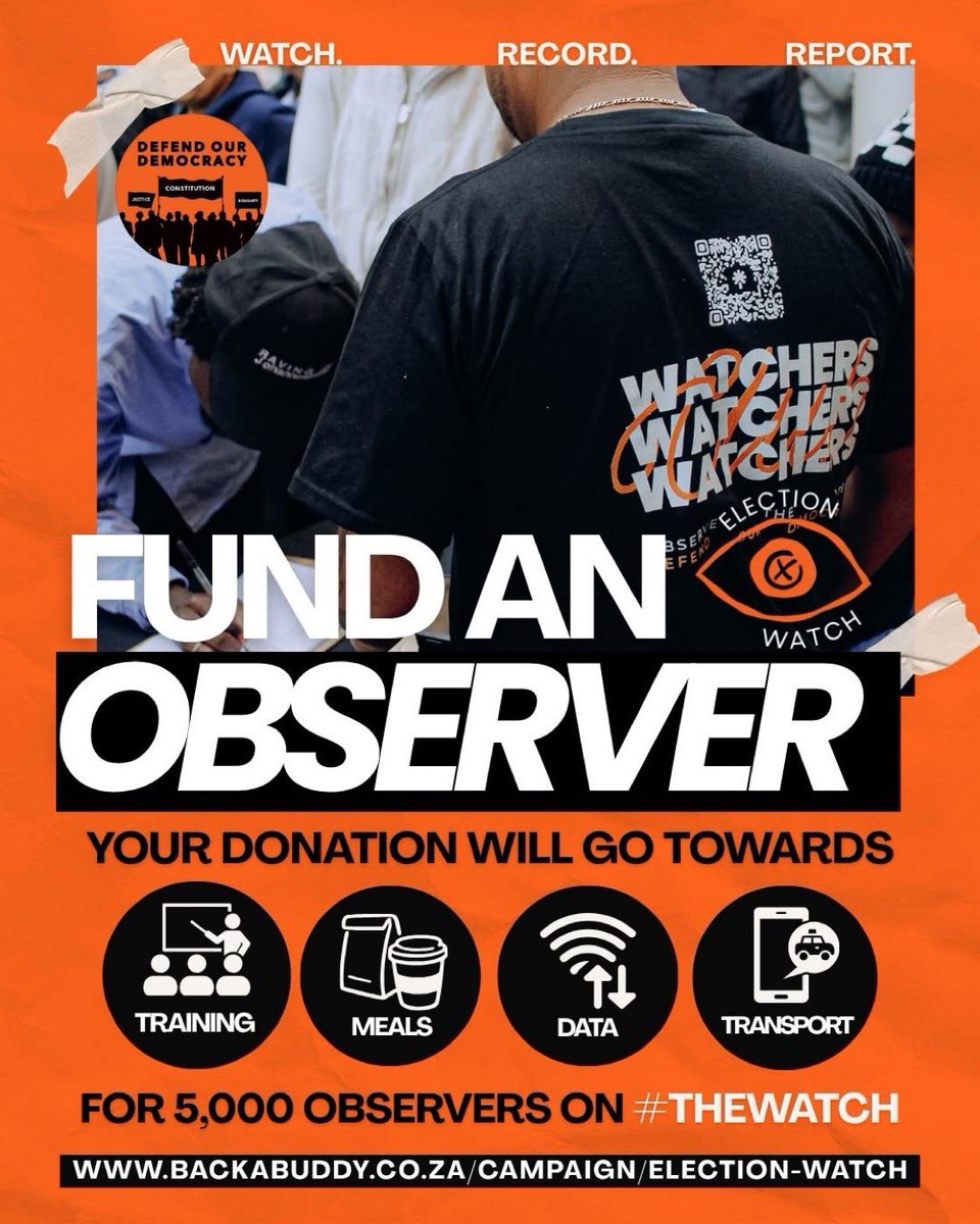 ForDemocracySa's tweet photo. Our democracy needs all of us. 🇿🇦
Thousands have volunteered to observe the vote now let’s help get them there.
R100 can provide data. R250 can cover data + a meal.
Every contribution helps. Fund an observer. Defend the vote. ✊🏾🇿🇦
#TheWatch #ElectionWatch2026 #FundAnObserver https://t.co/4DUAO4ZXoV