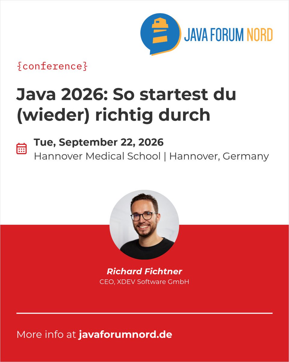 XDEVSoftware's tweet photo. XDEV is at Java Forum Nord in Hannover. @RichardFichtner on the Java ecosystem in 2026: which tools and practices actually pay off in day-to-day work, and which ones only add complexity. ☕️

Anyone else going?

Tickets: https://t.co/Oea1KlnW1B

#Java #JavaForumNord https://t.co/94oA8cTB88