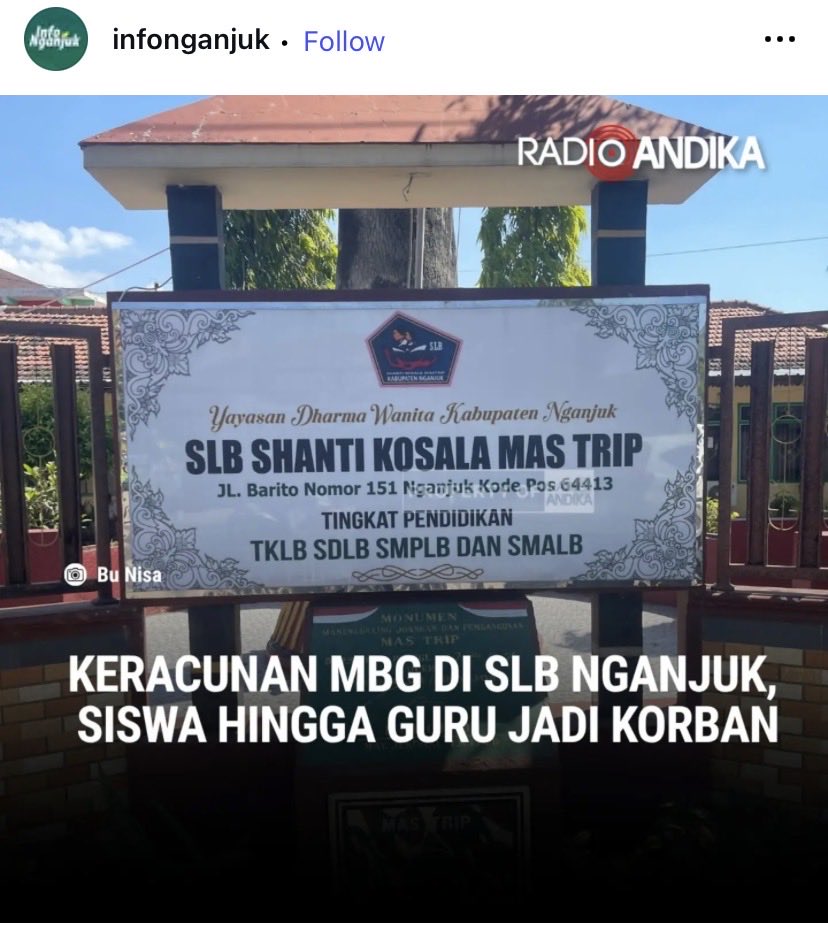 txtdrimedia's tweet photo. kalau yg keracunan MBG anak SLB, termasuk sabotase juga ga? 

𖥔 6 siswa SLB Shanti Kosala Nganjuk  keracunan MBG

𖥔 selain siswa, ada 3 orang guru, 2 pesuruh & 3 wali murid juga ikut keracunan 

𖥔 seorang nenek yg ikut mengkonsumsi MBG juga ikut keracunan. kondisinya lebih berat krn harus pakai selang oksigen

𖥔 menu MBG yg dimakan yakni nasi goreng, tahu, acar, ayam suwir & semangka