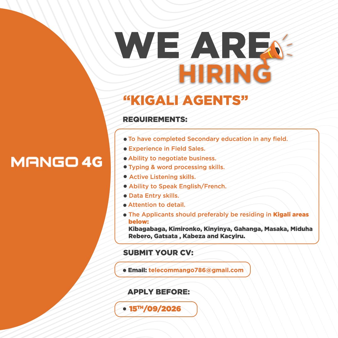 JobsConnectRw's tweet photo. WE ARE HIRING AGENTS! @Mango4G

 Join the team at Mango Telecom (Mango 4G) and build your career with us! 
🌟  We are looking for hardworking, reliable, and dedicated Agents to join our growing team.  ✅ https://t.co/zw4YvoNye6