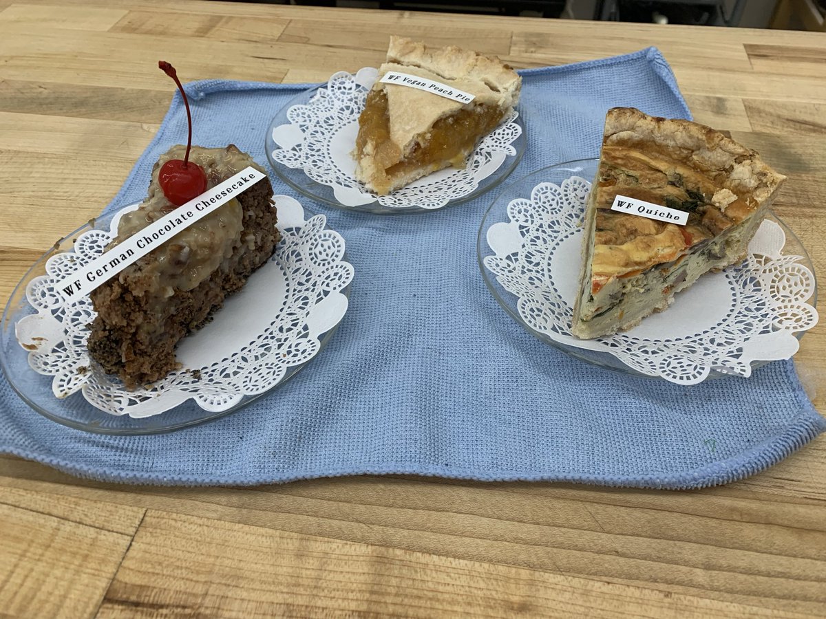 LuckeeDutch's tweet photo. Luckee Dutch Bakery is featuring this week while supplies last from left to right, German Chocolate Cake; wheat-free AND dairy-free Peach Pie; and braised garlic mushroom spinach, Cajun-style sausage and red pepper quiche! Bob Appetite! https://t.co/vpJ407mQkM