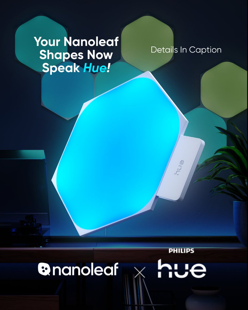 nanoleaf's tweet photo. Nanoleaf 🤝 @philipshue 

It’s official.

Your Nanoleaf Shapes can now join the Philips Hue ecosystem with the new Hue Wall Light Module, bringing your Shapes and Hue lights together for unified scenes, rooms, zones, automations and more. 💡🌈

One setup. A whole new world of lighting possibilities.

#Nanoleaf #PhilipsHue #SmartLighting #SmartHome #RGBLighting
