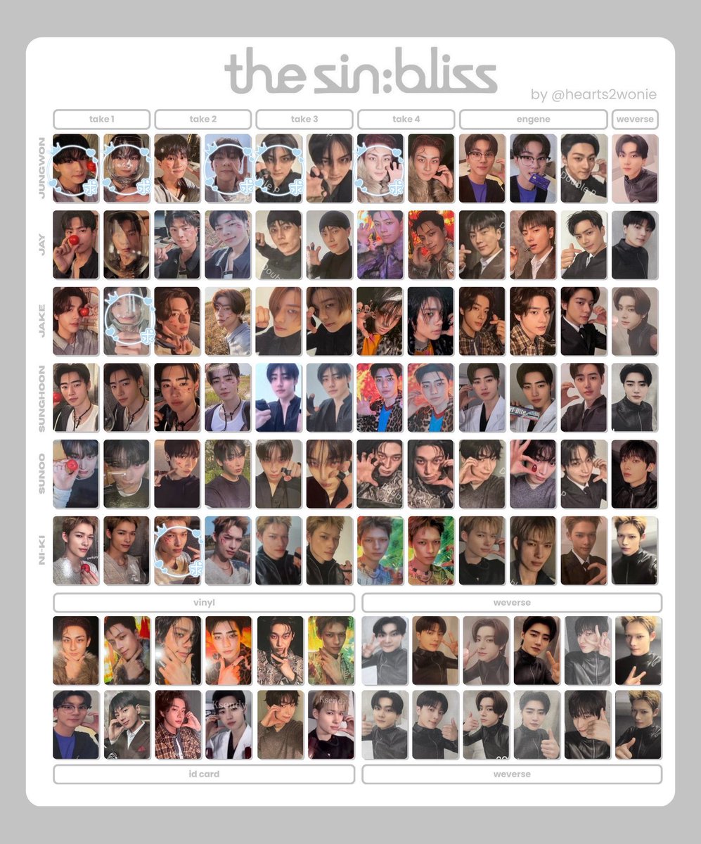 idumint_bb's tweet photo. ENHYPEN THE SIN : BLISS トレカ 交換

譲→1、2、3枚目画像のもの
        ジェイ、ジェイク、ソンフン、ソヌ、ジョンウォン、ニキ
求→4枚目画像内
           ニキ、ジョンウォン、ジェイク

同日発送の郵送を希望します📮
ご不明点などお気軽にお声掛けください🙇‍♀️

#ENHYPEN交換 #ENHYPEN https://t.co/TFinWYCLDf