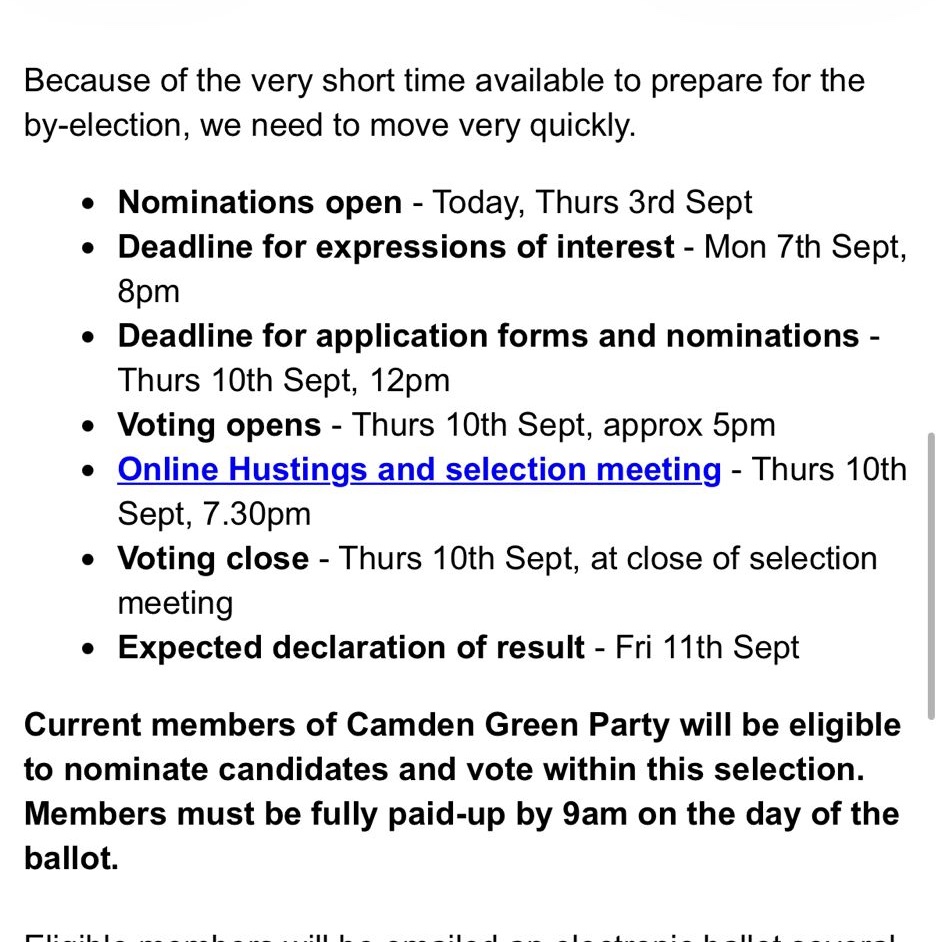 meganekenyon's tweet photo. NEW: The timetable for selection as the Green Party candidate is out. 

🟢Nominations open today 
🟢The deadline for expression of interest is Monday 7 September 
🟢Voting opens Thursday 10 September at 5pm with an online hustings & selection meeting on the same day at 7.30pm 
🟢 Voting closes at the end of the selection meeting
🟢Results declared Friday 11 September