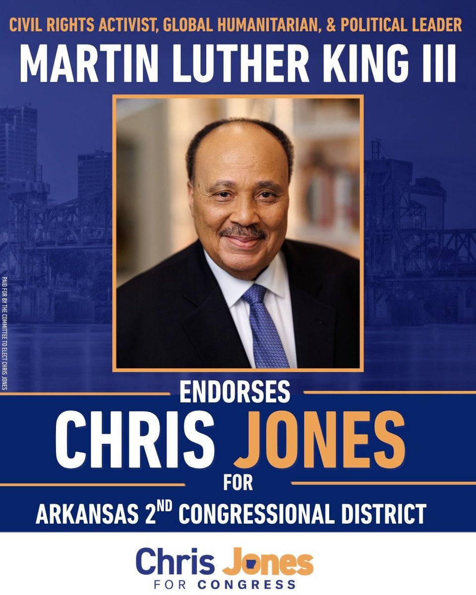 JonesForAR's tweet photo. Martin Luther King III has endorsed our campaign, and he is coming to Arkansas to stand with us.

We are Morehouse men, Alpha brothers, sons of preachers, and believers in servant leadership.

Let’s make history. Let’s win.

#ChrisJonesForCongress #AR02 https://t.co/emEw8UR2gI