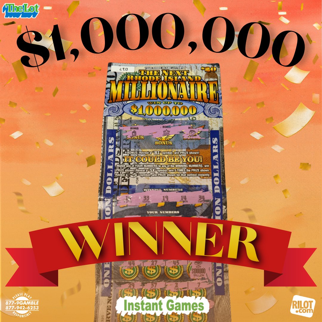 RILottery's tweet photo. 💰 A Charlestown couple is splitting a $1,000,000 prize on The Next Rhode Island Millionaire Instant ticket! The husband tried the game for the first time, spent his last $20, and scratched a $1,000,000 winner. Ticket sold at Cumberland Farms, 4169 Old Post Rd., Charlestown. https://t.co/oA7DSesK9z