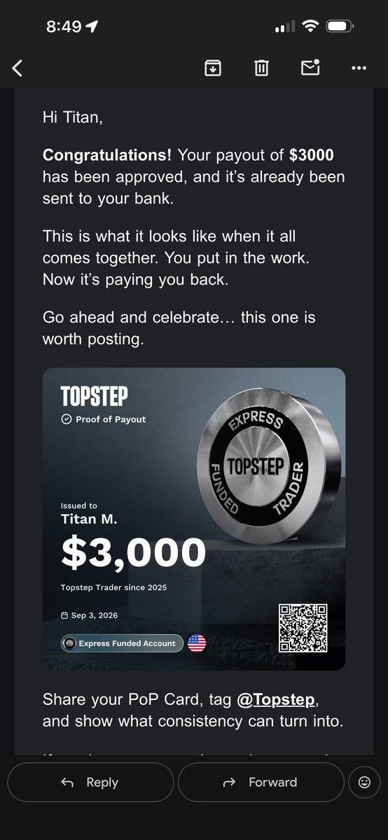 Titan_trading1's tweet photo. $3,000 payout from the topstep 3k challenge! 

It took a surprising amount of discipline to get to this payout. 

These challenge accounts are not easy! 

Base hits really do add up. Most people blow up, trying to make what they need to in one day.

I’ve had much bigger payouts, however this feels like one of the most rewarding! 

Without discipline, there is no strategy that will ever work in trading and with discipline there are hundreds of strategies that will work!