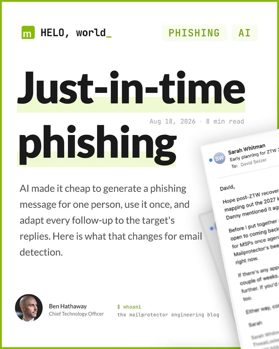 mailprotector's tweet photo. Spear phishing describes the targeting. 
Commodity phishing describes the volume. 
Neither tells you when the message was written.

AI now writes one email, for one person, at the moment of sending, and never reuses it.

We call it just-in-time phishing.

https://t.co/RaAtyJAej3 https://t.co/DIIPakTCl1