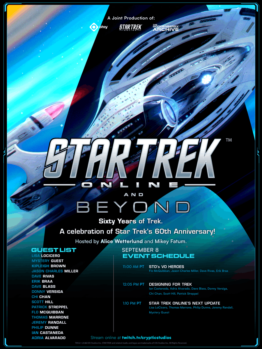trekonlinegame's tweet photo. Star Trek will be 60, and we're throwing a party to celebrate! Join developers and voice actors of STO, alongside artists from the shows and games that make Star Trek enduring. See the next update for Star Trek Online, and our new roadmap!
https://t.co/FQWopBnjjL https://t.co/SEBxF7Xleu