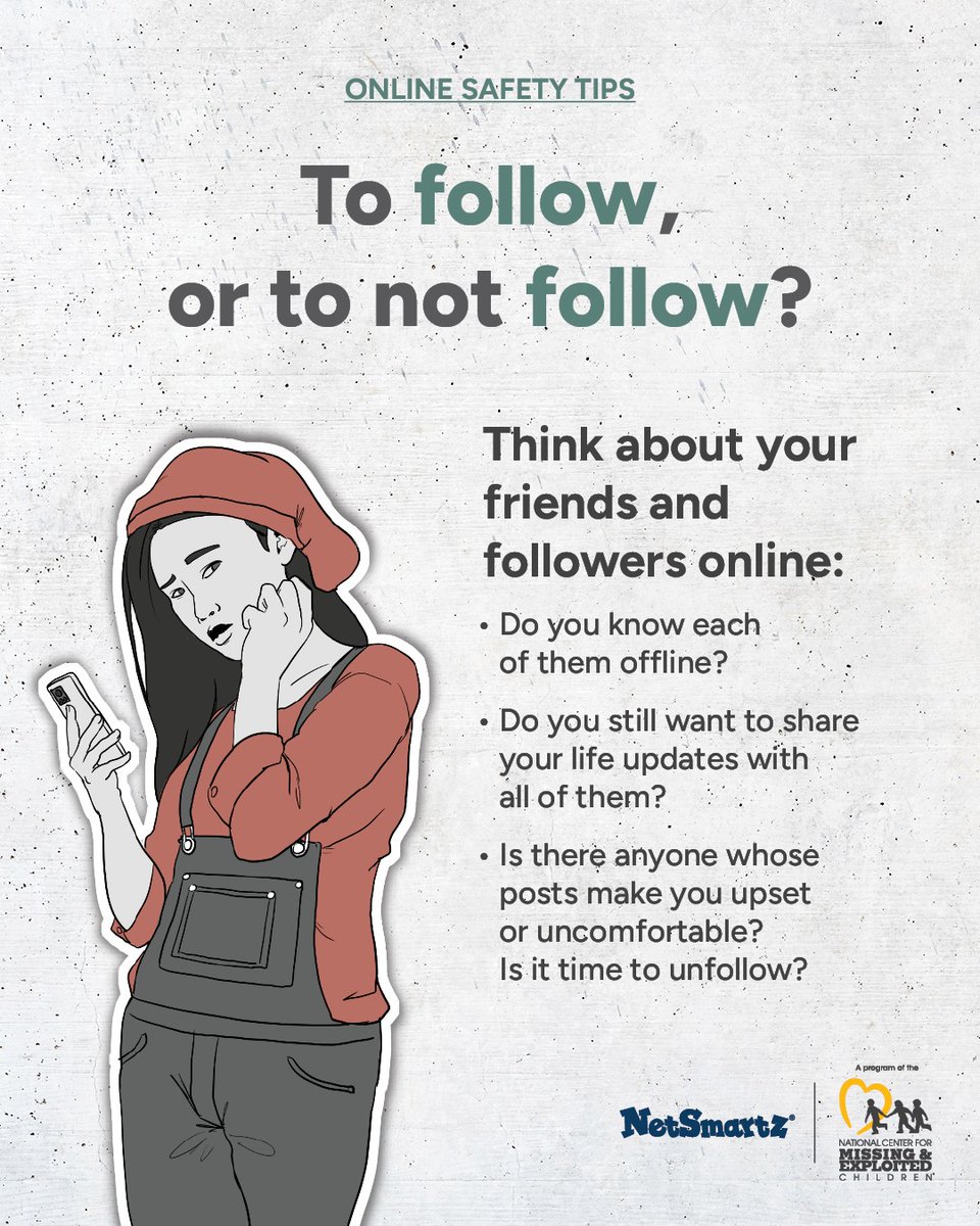 NetSmartz's tweet photo. Follow or unfollow? Sometimes it’s worth taking a second look. 

Encourage kids and teens to think about who they connect with, what they share, and how those interactions make them feel.

Get more tips for navigating social media safely:
https://t.co/AR9yOSyGW9 https://t.co/f4jkwnd70h