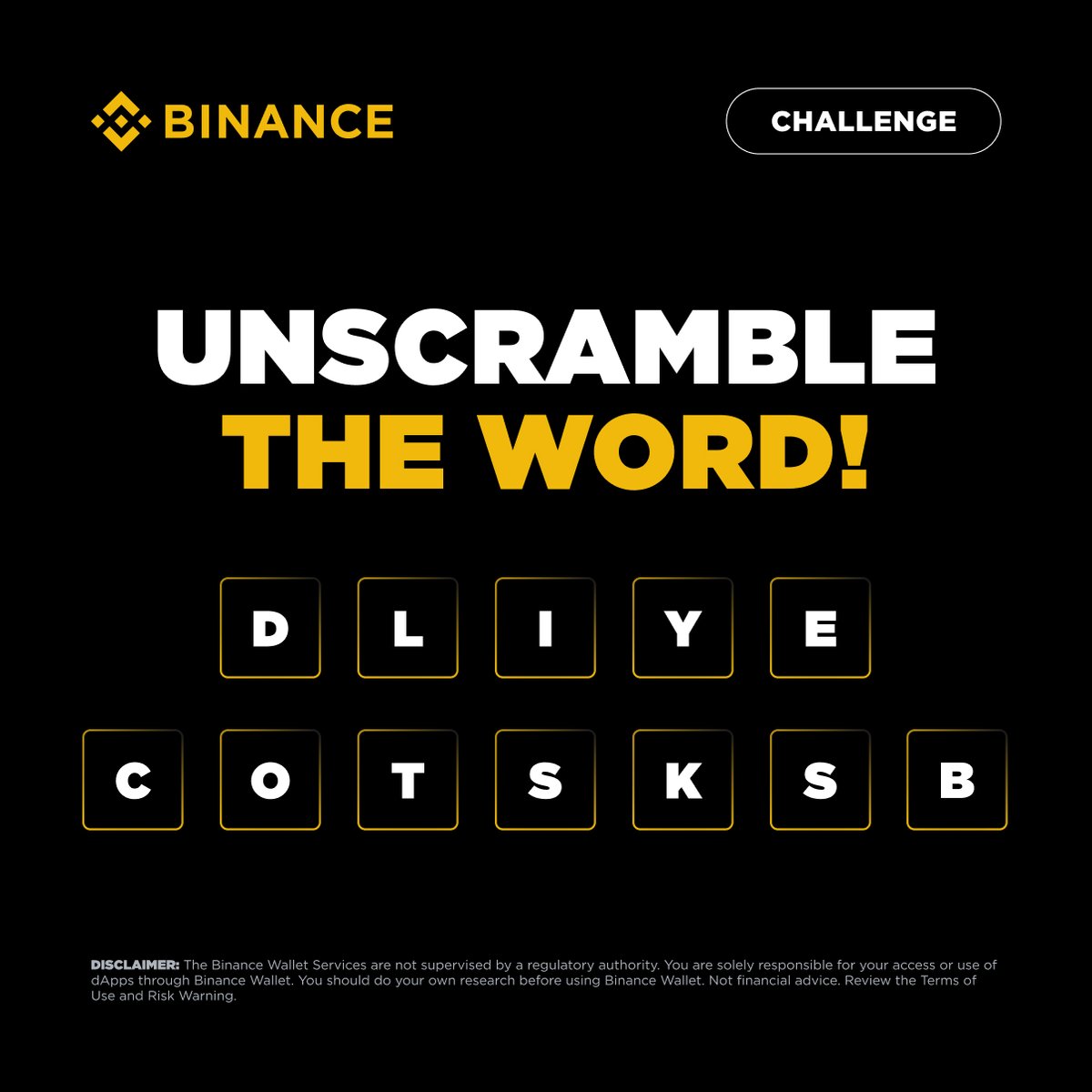 BinanceAfrica's tweet photo. Feeling lucky? Here's today's TG Talks Live Quiz.

Unscramble to win! 2 Hrs, 15 Followers 10 USD each! 

Listen in to know who wins. 

Good luck! 💛 https://t.co/JZ6b5V6AlT