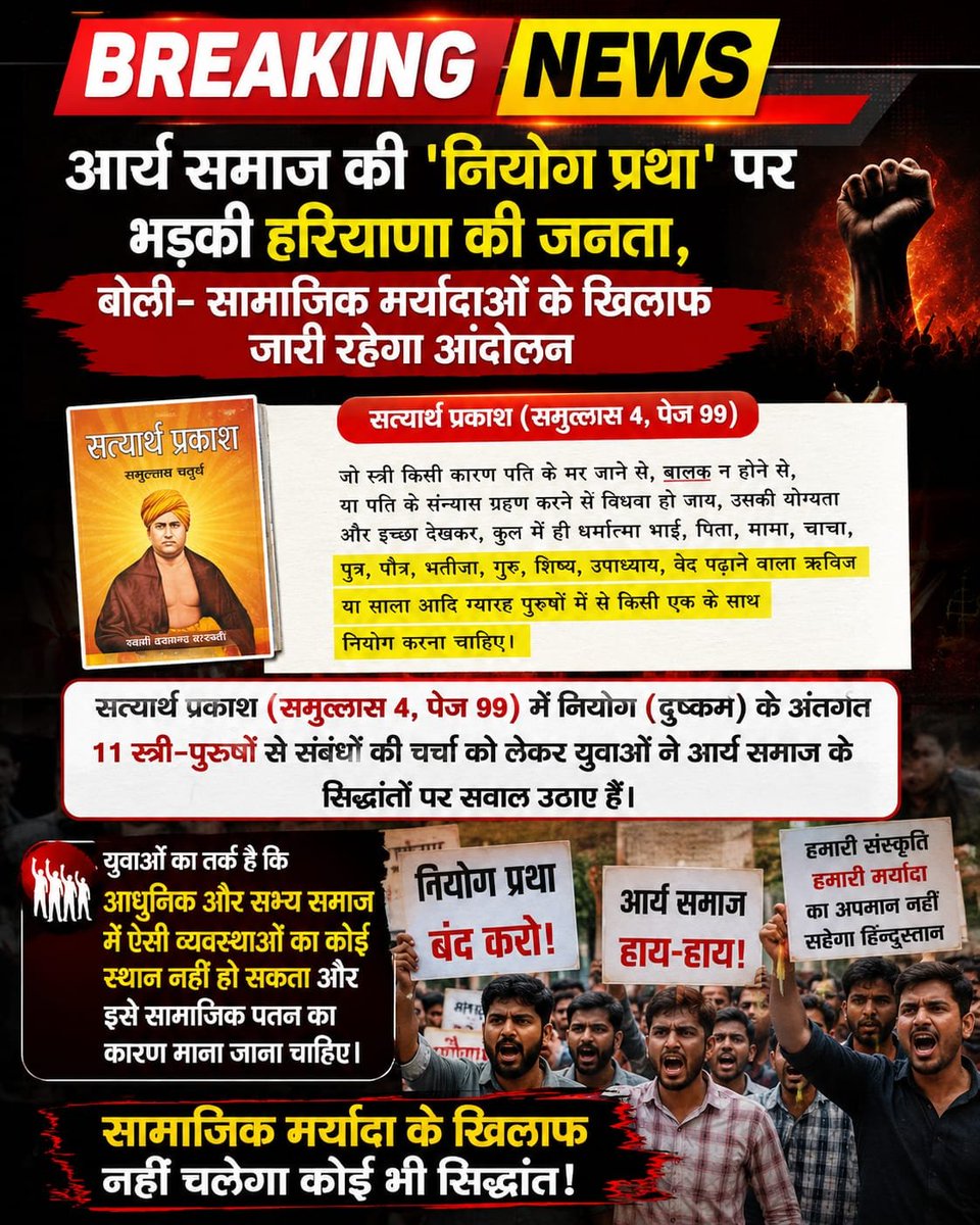 Dhanesh91783211's tweet photo. #समाज_की_शत्रु_सत्यार्थप्रकाश
नियोग के नियमों पर महिला संगठनों की आपत्ति
विधवाओं और गर्भवती महिलाओं से जुड़े नियोग के नियमों को लेकर महिला संगठनों ने विरोध जताया। उनका कहना है कि इससे महिलाओं की गरिमा प्रभावित होती है।
Factful Debates YouTube Channel
⤵️
https://t.co/lLizQpJR6u https://t.co/YriedJAGkS