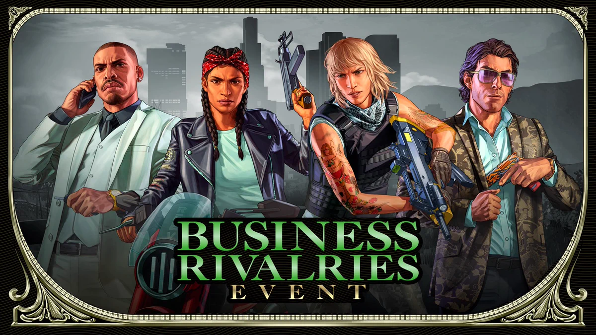 Business Rivalries Event poster featuring four GTA Online characters: An Executive, Gunrunner, Nightclub Owner, and Biker. 