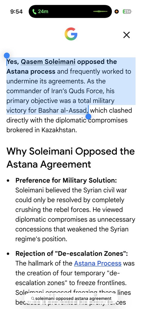 Partisangirl's tweet photo. IRGC commander Qassem Soleimani opposed the Astana agreement that froze the syrian conflict and eventually allowed caused Assad to fall.

That’s one of the reason the US assassinated him. https://t.co/f8vo7MoABl