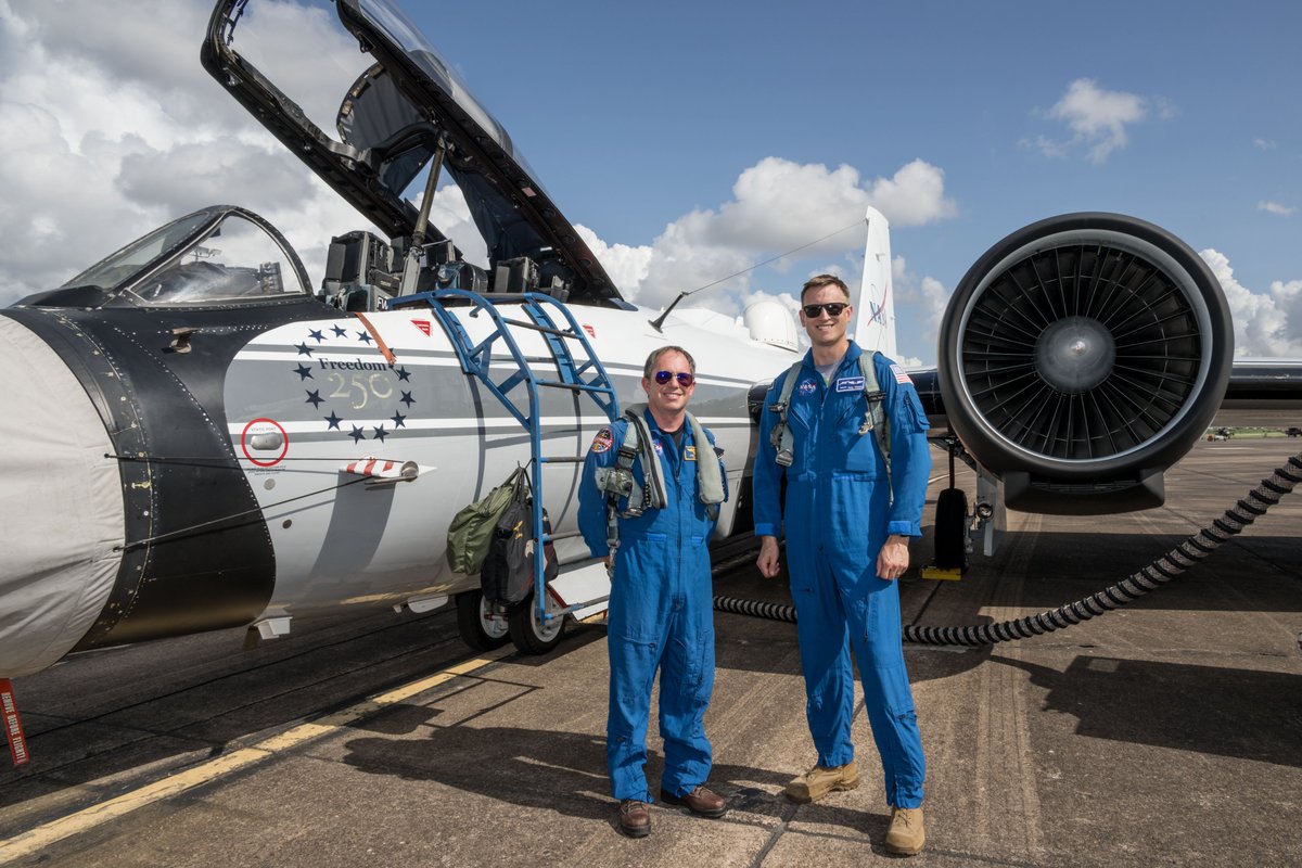 NASAJohnson's tweet photo. Chasing the Moon’s shadow for science. ✈️ 🌑

During the Aug. 12 total solar eclipse, NASA Johnson pilots based at Ellington Field flew a WB-57F from Iceland through the path of totality. Observations collected in flight gave scientists a clearer look at the Sun’s corona, helping them better understand space weather. Read more: https://t.co/b6f5ilMJ7q