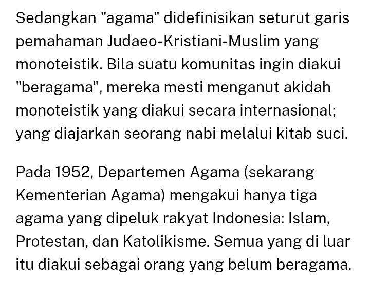 RioRichocho's tweet photo. Tiga agama yang diakui itu juga the original three yang dikelola Departemen Agama. Akhirnya upaya mengadministrasikan agama dan kepercayaan di Indonesia mau ga mau heavily influenced sama kerangka keagamaan dari tiga agama tersebut https://t.co/91td8nt0rO
