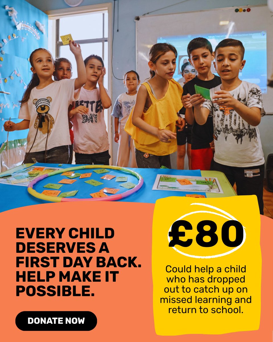 RightToPlay_UK's tweet photo. When you’ve had your life turned upside down by war, going back to school doesn’t just mean returning to learning. It means a place that feels safe, reliable, and close to trusted adults who can protect you. 

Help children who have lost everything: https://t.co/NCdjxroEE2 https://t.co/4lo05LWHNf