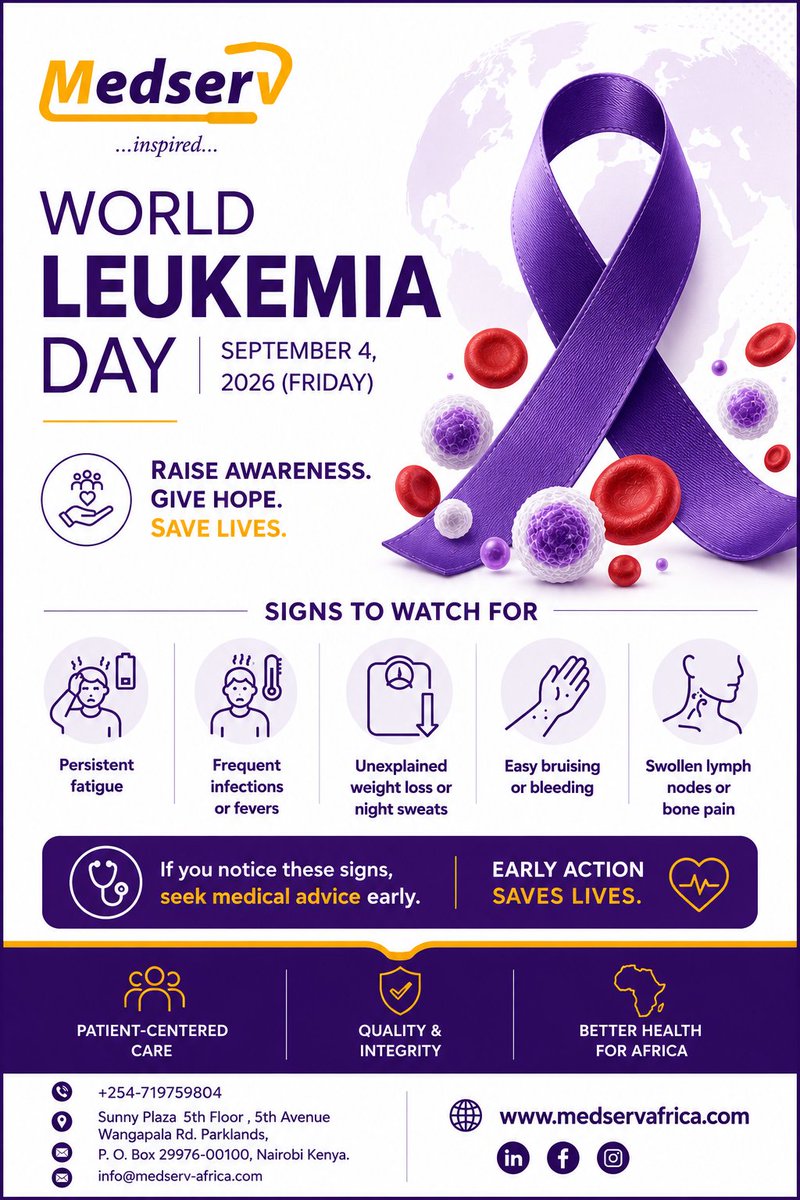 MedservL2709's tweet photo. 💜 World Leukemia Day 
Today, we stand together to raise awareness about leukemia and the importance of recognizing the signs early.
we remain committed to supporting better health outcomes and improving access to quality healthcare across Africa.
#WorldLeukemiaDay https://t.co/2tSUwmmLRh