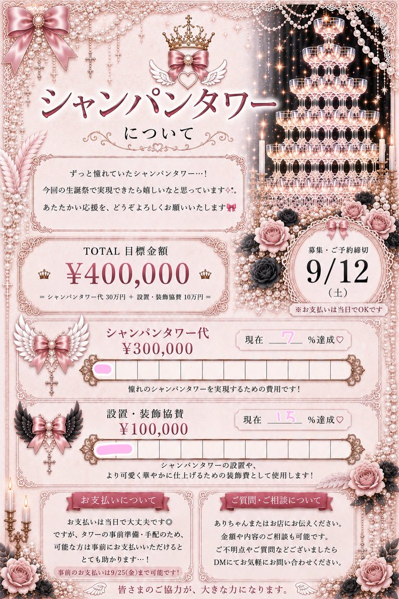 _arichansan's tweet photo. シャンパンタワーメーターが進みました🥂💞
早速ご協力してくださった方、本当にありがとうございます(ˊ⸝⸝o̴̶̷  ̫ o̴̶̷⸝⸝ˋ)♡

タワー実現に1歩近付けて嬉しい…！
引き続きよろしくお願いします🎀✧︎*。

ご予約まだまだお待ちしております💌❣️ https://t.co/K7XlqyHfVc