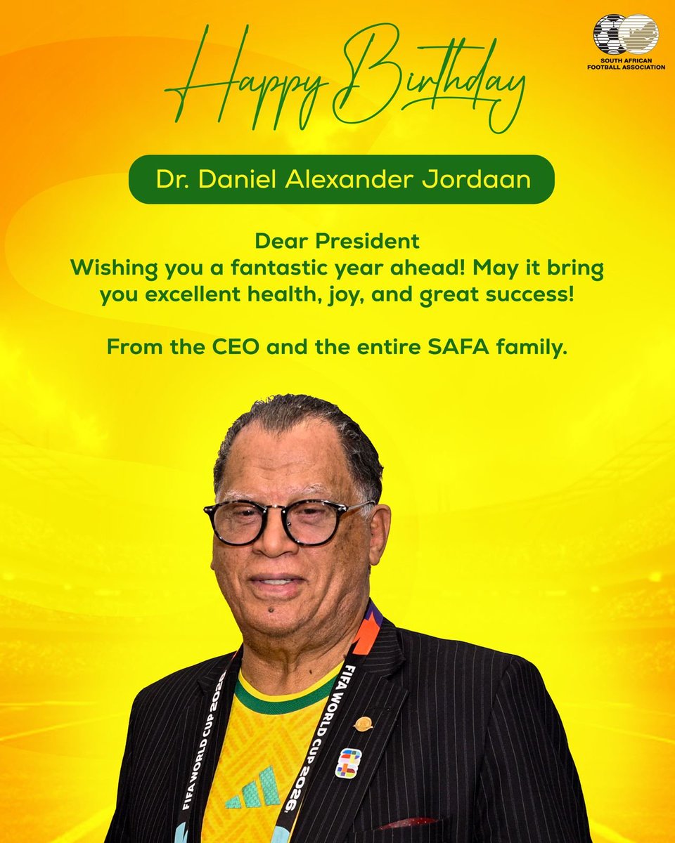 SAFA_net's tweet photo. Wishing a very Happy Birthday to SAFA President Dr. Danny Jordaan! 

Thank you for your decades of dedication to South African sport and putting our football on the global map. Wishing you many more years of good health and memorable achievements 🎂🇿🇦💛💚⚽ https://t.co/PHC4aalXxr