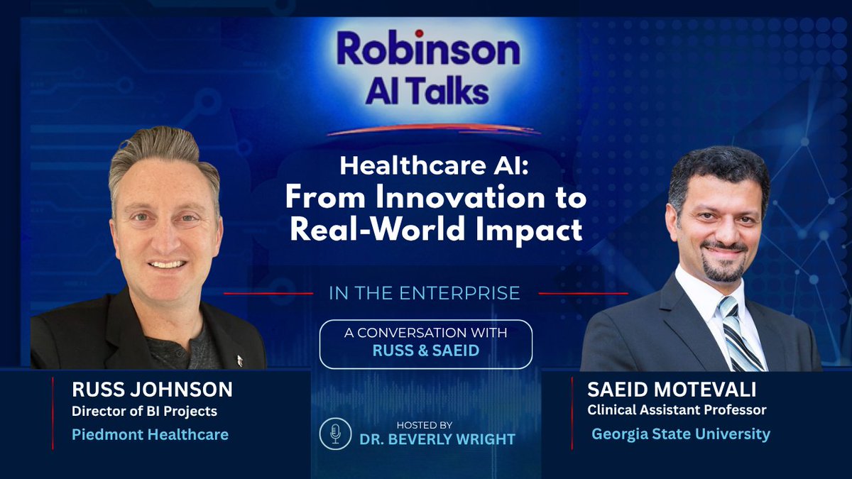 RobinsonCollege's tweet photo. Join Prof. Saeid Motevali and Russ Johnson with Dr. Beverly Wright to explore #AI innovations and real-world impacts in #healthcare in the latest release of Robinson AI Talks. https://t.co/OvZm7ZQgEz #AItalks #TheStateWay #RobinsonCollege #GSU #InstituteForInsight #PiedmontHealth https://t.co/M1OexxaAiW