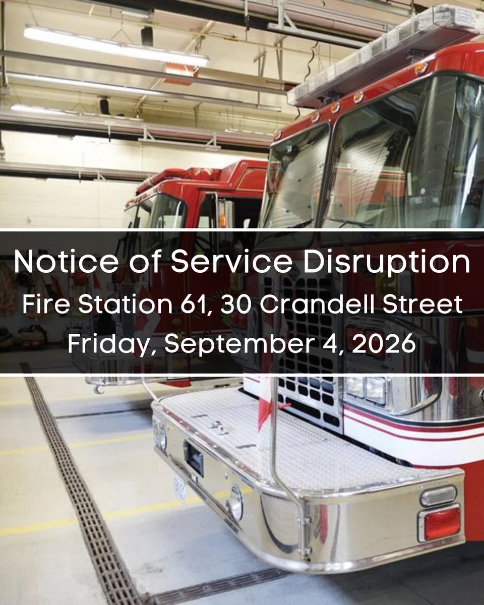 TwpofScugog's tweet photo. Scugog Fire Station 61  will be closed to the public September 4.

Due to watermain work in the area, water services in the building will be shut off for the day. Please make alternate arrangements if you intend to access Fire Services during this time. https://t.co/6Yf9FTVHMH