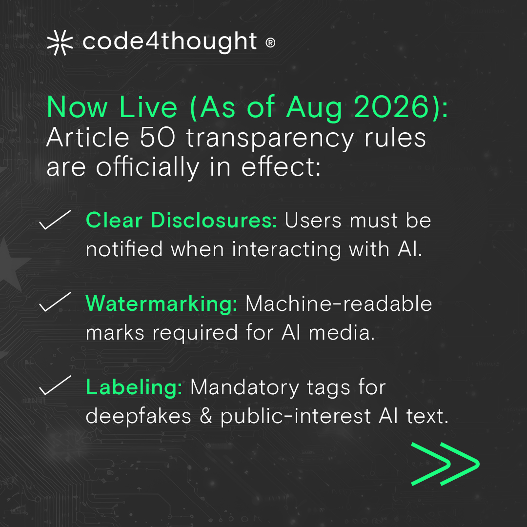 Code4thoughtE's tweet photo. The EU AI Act's Article 50 rules are live, and high-risk requirements are next.

Can you technically prove your AI is compliant, or is governance just policy on paper?

Bridge the gap between theory and reality 👇
https://t.co/ltInzuHx6f

#EUAIAct #AIGovernance

#code4thought https://t.co/d8SiCit8EV