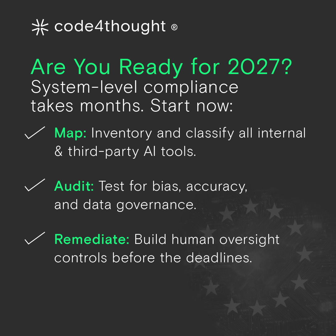 Code4thoughtE's tweet photo. The EU AI Act's Article 50 rules are live, and high-risk requirements are next.

Can you technically prove your AI is compliant, or is governance just policy on paper?

Bridge the gap between theory and reality 👇
https://t.co/ltInzuHx6f

#EUAIAct #AIGovernance

#code4thought https://t.co/d8SiCit8EV